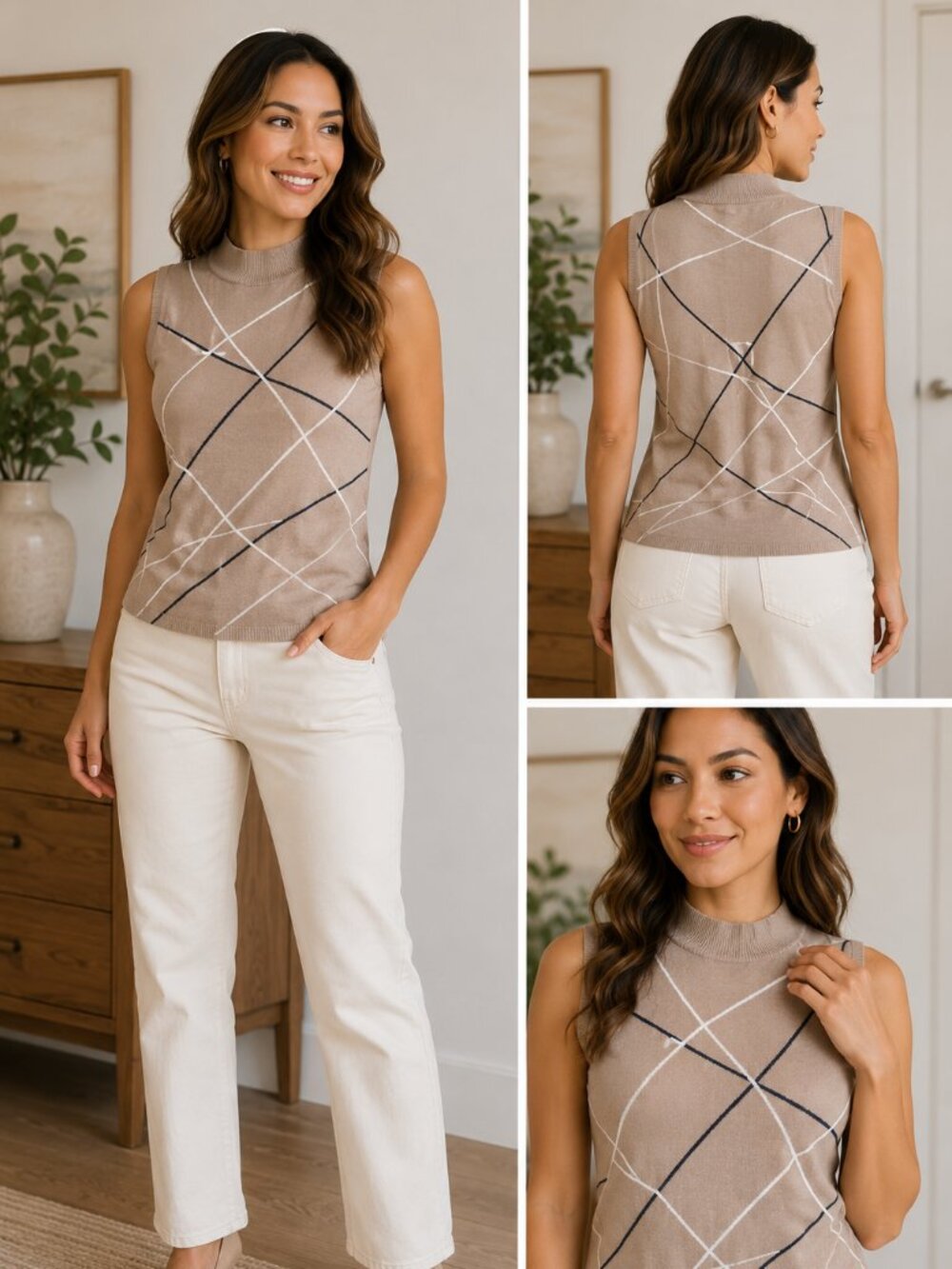Alfani Sleeveless Mock Neck Sweater Top – Neutral Geometric Knit Tank Medium